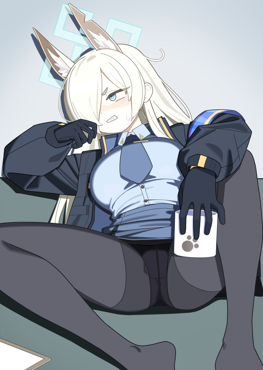 1girl animal_ear_fluff animal_ears armband bangs black_jacket black_pantyhose blonde_hair blue_archive blue_eyes blue_shirt blush breasts commentary_request cup extra_ears gloves hair_over_one_eye halo highres holding holding_cup jacket kanna_(blue_archive) large_breasts long_hair long_sleeves looking_away lying mabera necktie panties panties_under_pantyhose pantyhose shirt skirt sweatdrop teeth underwear