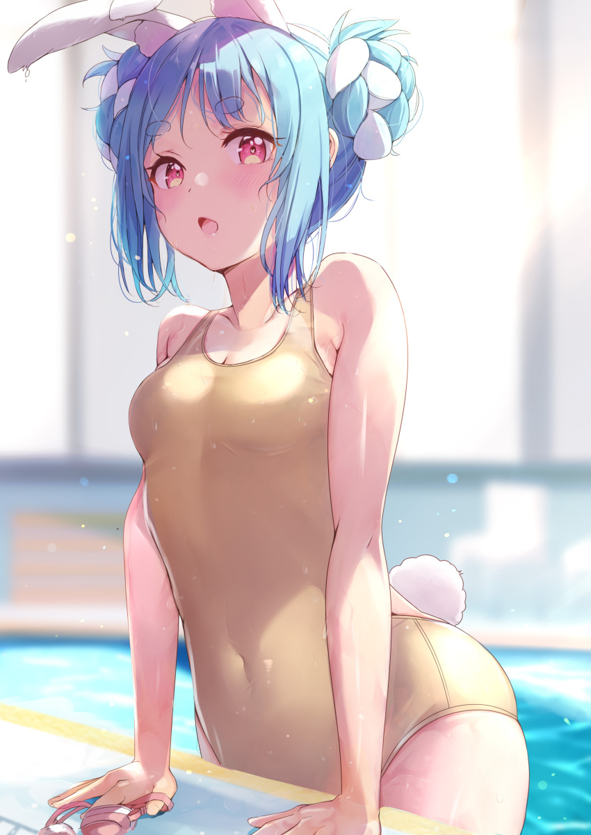 1girl absurdres animal_ear_fluff animal_ears bare_arms bare_shoulders blue_hair blurry blurry_background blush braid braided_bun breasts double_bun extra_ears hair_bun highres hololive looking_at_viewer multicolored_hair nira_(vira) one-piece_swimsuit open_mouth pool rabbit_ears rabbit_girl rabbit_tail red_eyes sidelocks small_breasts solo streaked_hair swimsuit tail thick_eyebrows usada_pekora virtual_youtuber wet wet_clothes wet_swimsuit white_hair yellow_one-piece_swimsuit
