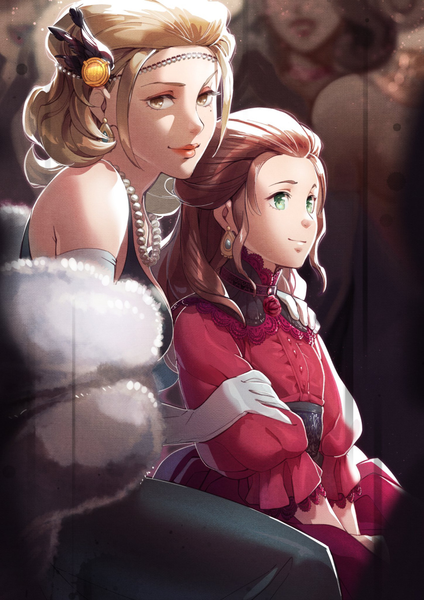 2girls aged_down bare_shoulders breasts brown_eyes brown_hair closed_mouth dorothea_arnault earrings english_commentary feet_out_of_frame fire_emblem fire_emblem:_three_houses floof_n_wool green_eyes highres jewelry lipstick long_hair long_sleeves looking_at_viewer makeup manuela_casagranda mole mole_under_eye multiple_girls necklace red_lips short_hair sitting smile