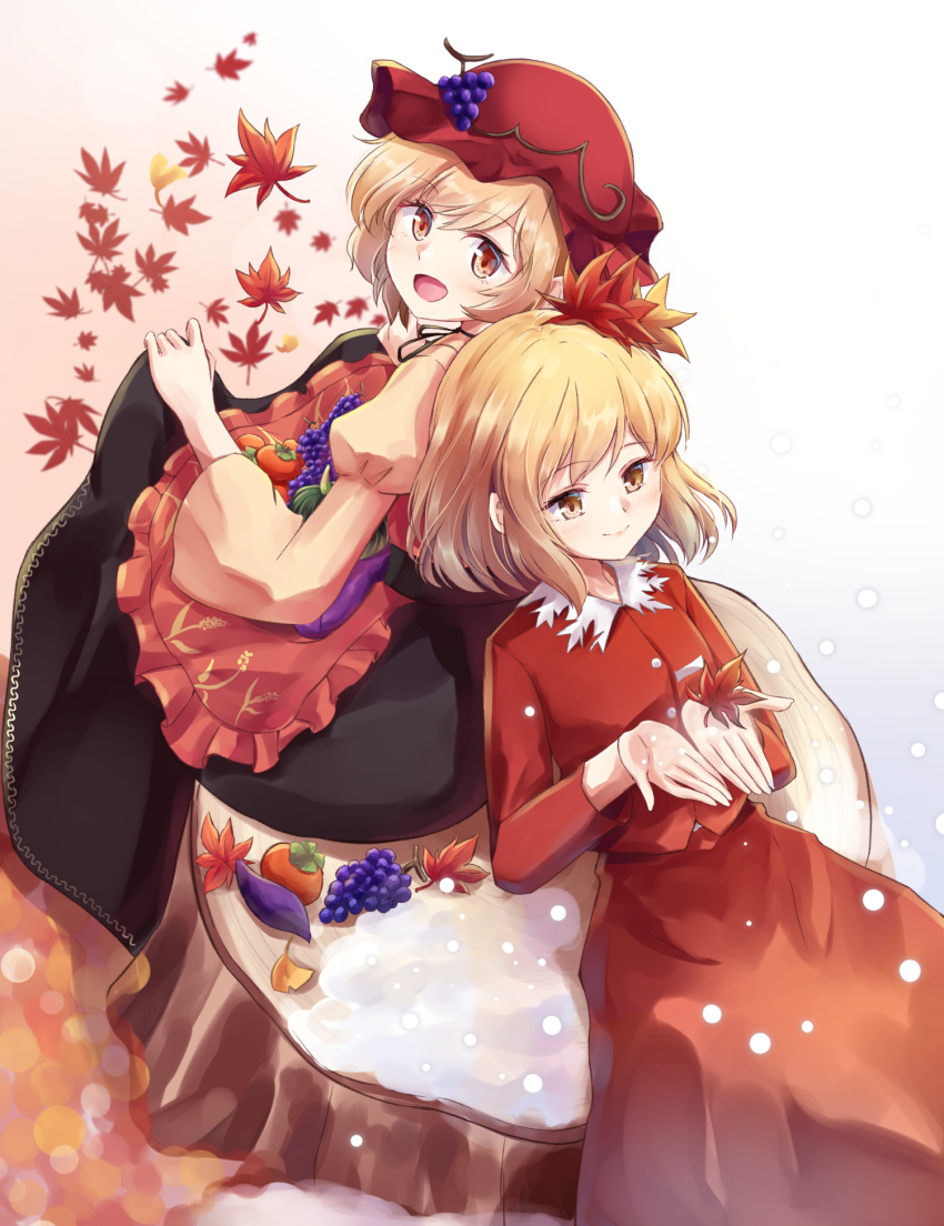 2girls aki_minoriko aki_shizuha apron autumn autumn_leaves black_skirt blonde_hair blush buttons closed_mouth food fruit fruit_hat_ornament ginkgo_leaf grape_hat_ornament grapes hair_ornament hat hat_ornament highres kachuten leaf leaf_hair_ornament long_sleeves maple_leaf mob_cap multiple_girls open_mouth persimmon red_apron red_eyes red_headwear red_skirt red_vest shirt short_hair siblings sisters skirt smile touhou vest yellow_eyes yellow_shirt