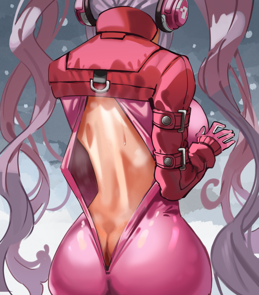 1girl alice_(nikke) ass back bodysuit breasts cropped_jacket from_behind gloves goddess_of_victory:_nikke grey_hair headphones highres jacket large_breasts latex latex_bodysuit long_hair multicolored_hair open_bodysuit open_clothes pink_bodysuit pink_gloves pink_hair red_jacket simplecar skin_tight snow solo sweat twintails very_long_hair