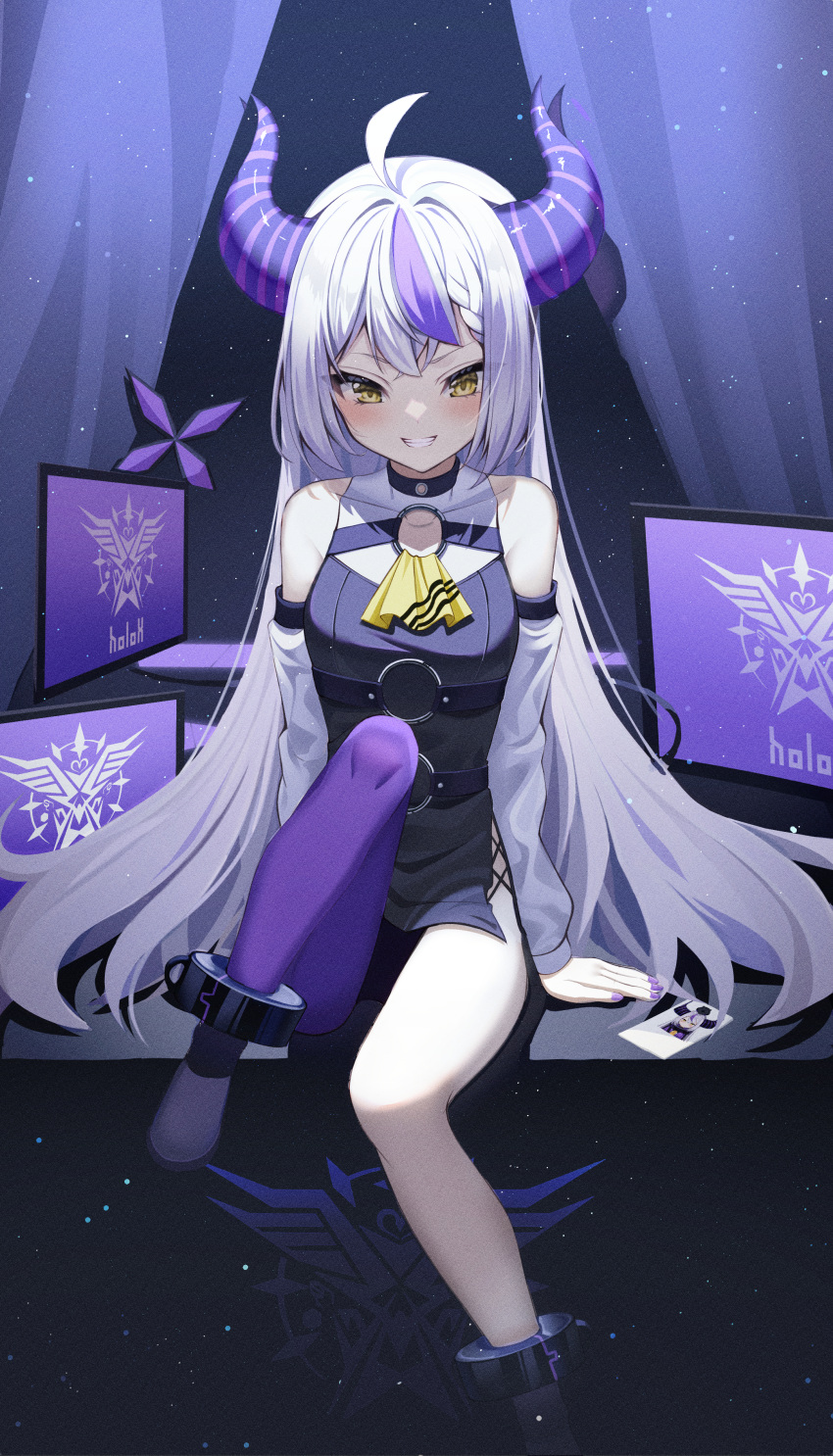 1girl absurdres ahoge ankle_cuffs bangs black_dress blush demon_horns dress grin highres hololive horns kaku_(walletbreaker) knee_up la+_darknesss legs light_particles long_hair looking_at_viewer monitor multicolored_hair pantyhose purple_hair purple_nails purple_pantyhose single_leg_pantyhose sitting smile solo streaked_hair very_long_hair virtual_youtuber white_hair yellow_eyes
