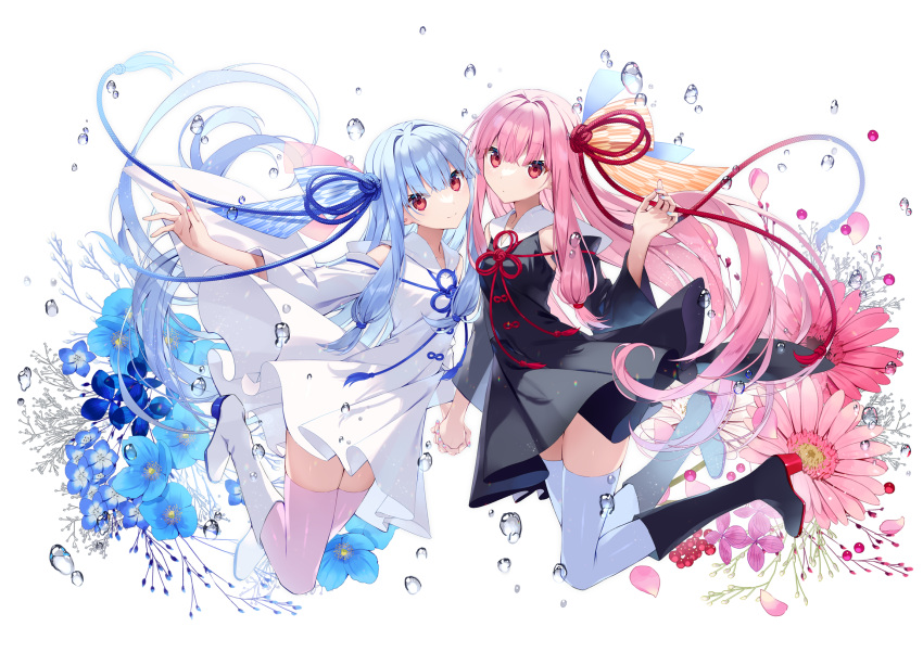 2girls black_dress black_footwear blue_flower blue_hair blue_ribbon boots commentary dot_mouth dress floating flower hair_ornament hand_up high_heel_boots high_heels highres holding_hands kitsune_ncv kotonoha_akane kotonoha_aoi long_hair multiple_girls nail_polish pink_flower pink_hair red_eyes red_ribbon ribbon siblings sisters smile thighhighs voiceroid water_drop white_dress white_footwear wide_sleeves