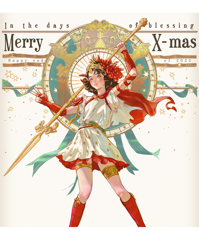 1girl absurdres brown_hair christmas dress english_text gloves hair_ornament highres holding holding_polearm holding_weapon kooka2 looking_at_viewer medium_hair original polearm red_gloves red_socks socks spear weapon yellow_eyes