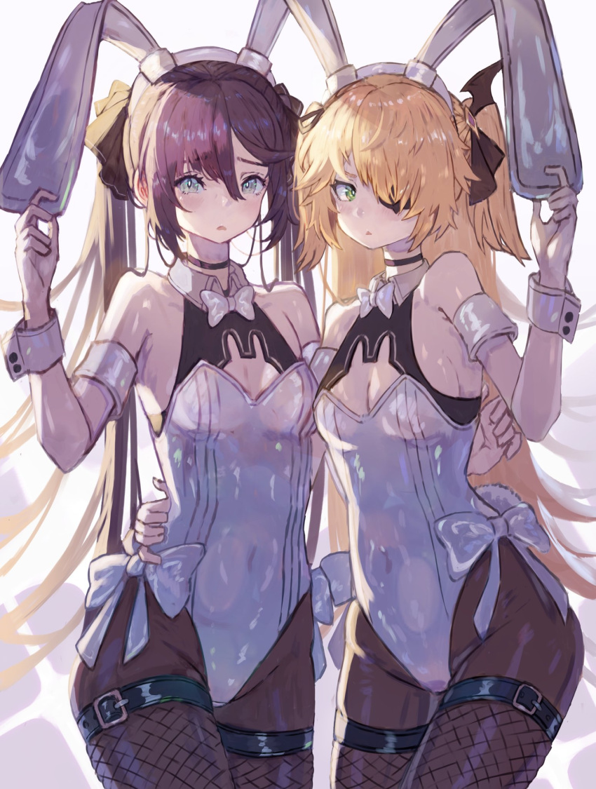 1girl animal_ears ass bangs bare_shoulders black_hair black_pantyhose blonde_hair blue_eyes blush bow bowtie breasts choker cuff_links earrings eyepatch fischl_(genshin_impact) fishnet_pantyhose fishnets genshin_impact green_eyes hair_over_one_eye hair_ribbon highres jewelry leotard long_hair looking_at_viewer medium_breasts mona_(genshin_impact) oats_gallery pantyhose playboy_bunny rabbit_ears ribbon simple_background small_breasts twintails two_side_up white_bow white_bowtie white_leotard