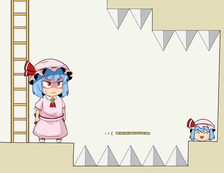 1up ascot bangs blue_hair bow chibi commentary floating hair_between_eyes hat hat_bow hidaruma highres ladder levitation mega_man_(series) mob_cap motion_lines pink_headwear pink_shirt pink_skirt platform power-up red_ascot red_eyes remilia_scarlet shaded_face shirt short_hair short_sleeves skirt spikes sweatdrop touhou v-shaped_eyebrows yukkuri_shiteitte_ne