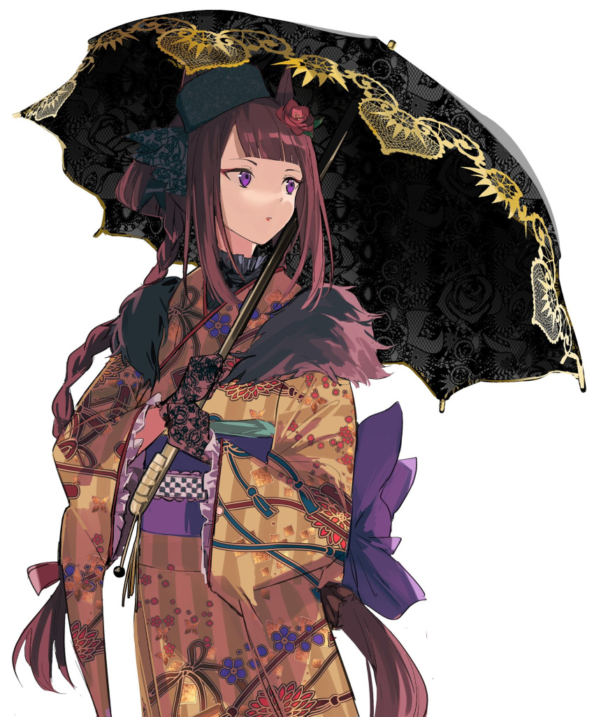 1girl animal_ears bangs black_headwear black_umbrella blunt_bangs braid brown_hair commentary gloves happy_new_future_(umamusume) highres holding holding_umbrella horse_ears horse_girl horse_tail japanese_clothes kimono long_hair looking_to_the_side marumarukin official_alternate_costume purple_eyes purple_obi simple_background solo sweep_tosho_(umamusume) sweep_tosho_(whimsical_scenery)_(umamusume) tail umamusume umbrella white_background wide_sleeves