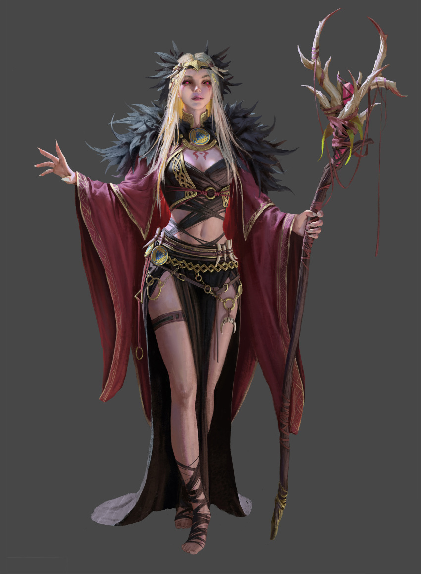 1girl absurdres blonde_hair european_clothes feathers highres holding holding_staff long_hair looking_at_viewer original pink_hair side_slit simple_background staff valknut_(symbol) viking zhuangyuedong