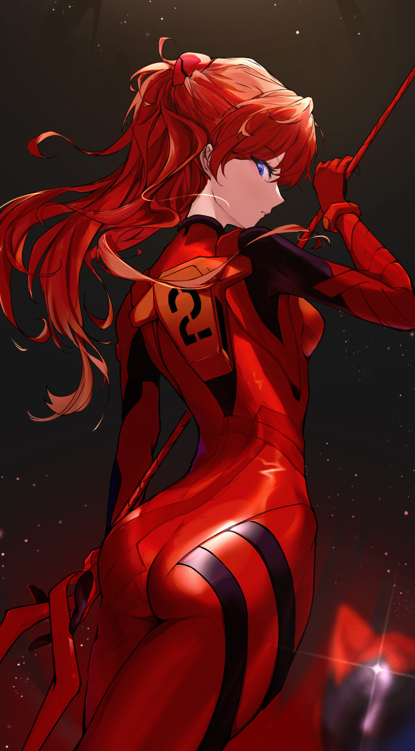 1girl absurdres ass bangs bident blue_eyes bodysuit evangelion:_3.0_you_can_(not)_redo headgear hermityy highres holding holding_polearm holding_weapon interface_headset lance_of_longinus long_hair looking_at_viewer looking_back multicolored_bodysuit multicolored_clothes neon_genesis_evangelion orange_bodysuit orange_hair pilot_suit plugsuit polearm rebuild_of_evangelion red_bodysuit science_fiction skin_tight souryuu_asuka_langley spear standing weapon