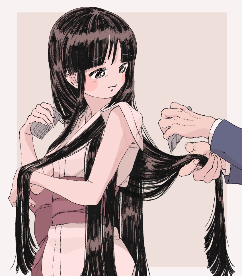1boy 1girl ace_attorney alternate_hairstyle bangs black_eyes black_hair blunt_bangs brushing_another's_hair brushing_hair closed_mouth comb hair_down hand_in_another's_hair highres holding holding_another's_hair holding_comb japanese_clothes kimono long_hair long_sleeves looking_to_the_side maya_fey obi omen_hohoho phoenix_wright pink_sash sash solo_focus upper_body very_long_hair white_kimono