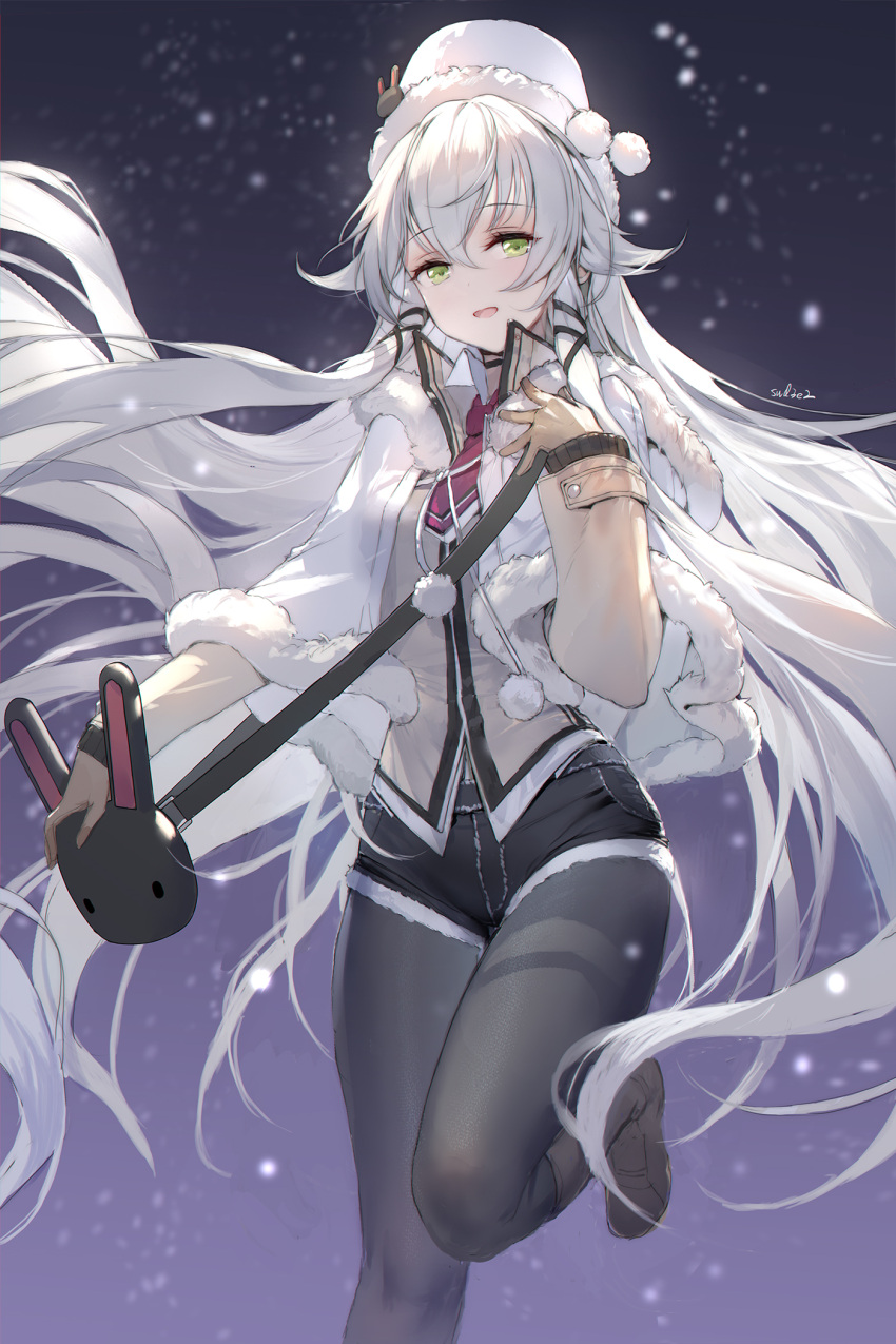 1girl altina_orion animal_bag black_pantyhose boots bunny_bag bunny_ornament capelet eiyuu_densetsu fur_trim gloves green_eyes hair_flaps highres long_hair pantyhose sen_no_kiseki shorts sidelocks snow swd3e2 very_long_hair white_hair