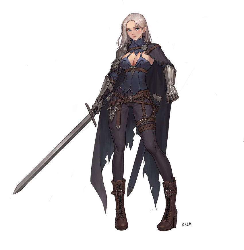 1girl armor boots cape dpin_(user_adhr8855) european_clothes highres holding holding_sword holding_weapon long_hair original pauldrons shoulder_armor signature simple_background single_pauldron sword vambraces weapon white_background white_hair