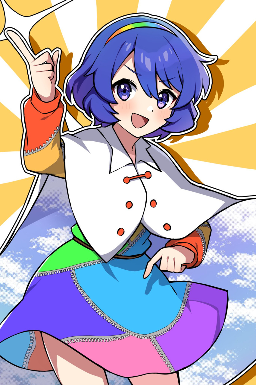 1girl :d blue_eyes blue_hair cape cowboy_shot highres long_sleeves looking_at_viewer miz_(mizillustration) multicolored_clothes multicolored_hairband open_mouth outline short_hair sky_print smile solo standing tenkyuu_chimata touhou v-shaped_eyebrows white_background white_cape white_outline yellow_background