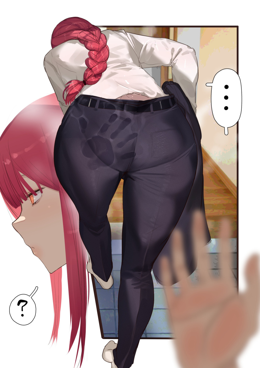 ... 1girl 1other absurdres ass ass_smack bangs black_pants braid braided_ponytail chainsaw_man highres huge_ass hunched_over kikimifukuri long_hair looking_to_the_side makima_(chainsaw_man) orange_eyes pants ringed_eyes sidelocks slap_mark solo_focus