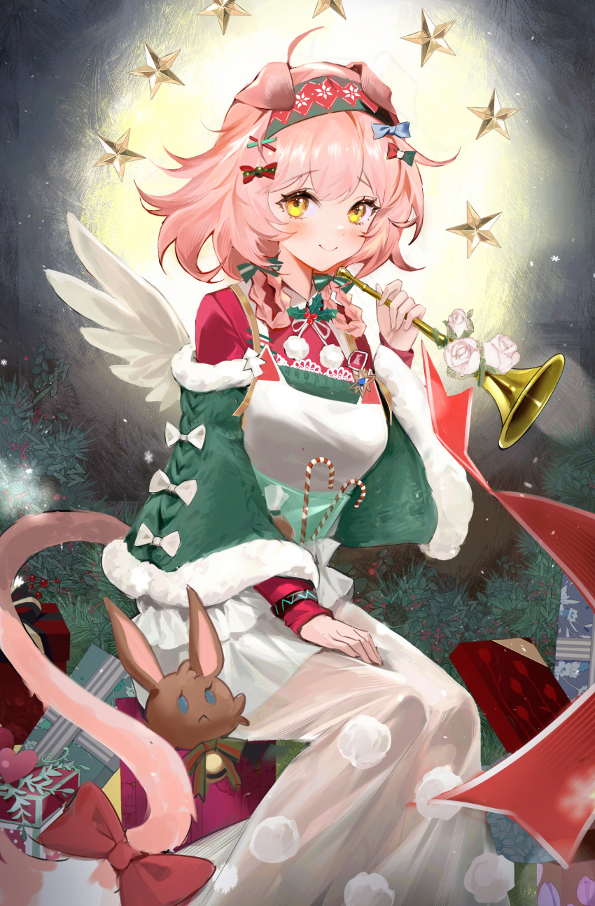 1girl absurdres animal_ears apron arknights bow bracelet braid candy candy_cane cat_ears cat_girl floppy_ears flower food fur-trimmed_sleeves fur_trim goldenglow_(arknights) goldenglow_(night_loving_servant)_(arknights) hair_bow hairband highres holding holding_instrument infection_monitor_(arknights) instrument jewelry lulumao official_alternate_costume pink_hair print_hairband red_hairband red_sweater single_braid sitting stuffed_toy sweater tail tail_bow tail_ornament trumpet yellow_eyes