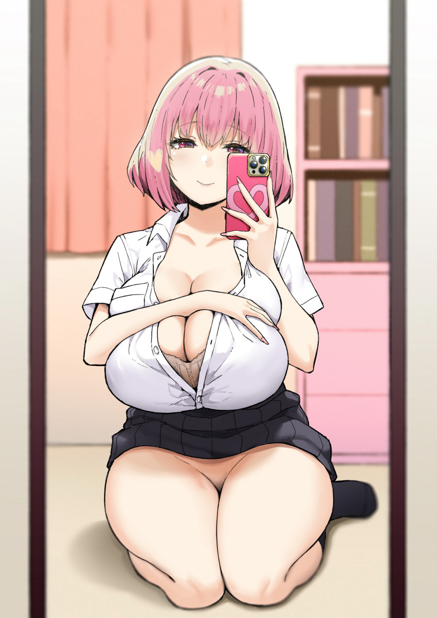 1girl akane_(sky-freedom) bangs black_skirt black_socks blurry blurry_background bob_cut bookshelf bottomless bra breasts brown_bra cellphone cleavage closed_mouth collarbone collared_shirt curtains dot_nose fingernails highres holding holding_phone huge_breasts indoors joshi_kousei_rich_thots lap light_blush lips long_fingernails looking_at_phone mirror nail_polish no_panties orange_curtains original partially_unbuttoned phone pink_eyes pink_hair pink_nails reflection seiza selfie shirt short_sleeves sitting skirt sky-freedom smartphone smile socks solo thighs unbuttoned unbuttoned_shirt underwear white_shirt