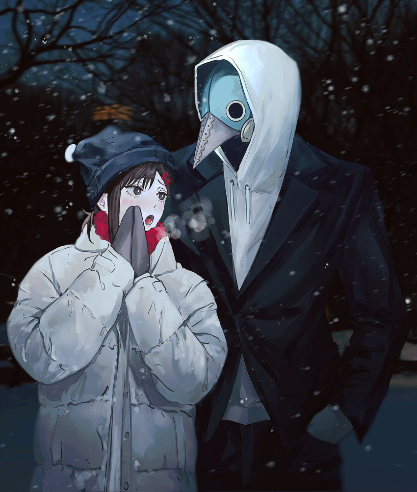 1boy 1girl bangs bare_tree beak beanie black_hair black_jacket black_pants buttericecreamm chainsaw_man dark facing_another gloves grey_hoodie grey_jacket hair_ornament hairclip hands_in_pockets hat height_difference higashiyama_kobeni highres hood hoodie huffing jacket looking_to_the_side night open_mouth pants plague_doctor_mask scarf short_ponytail single_sidelock snow snowing swept_bangs tree violence_devil_(chainsaw_man)