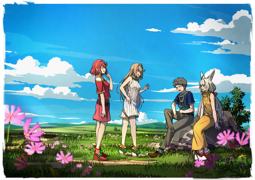 1boy 3girls blue_sky blurry blurry_foreground chest_jewel field flower grass grey_hair happy highres husband_and_wives low_twintails mountainous_horizon multiple_girls mythra_(xenoblade) nia_(xenoblade) official_alternate_costume outdoors poteto_(potetosarada123) pyra_(xenoblade) rex_(xenoblade) rock sitting sky smile spoilers tiara twintails xenoblade_chronicles_(series) xenoblade_chronicles_2 xenoblade_chronicles_3