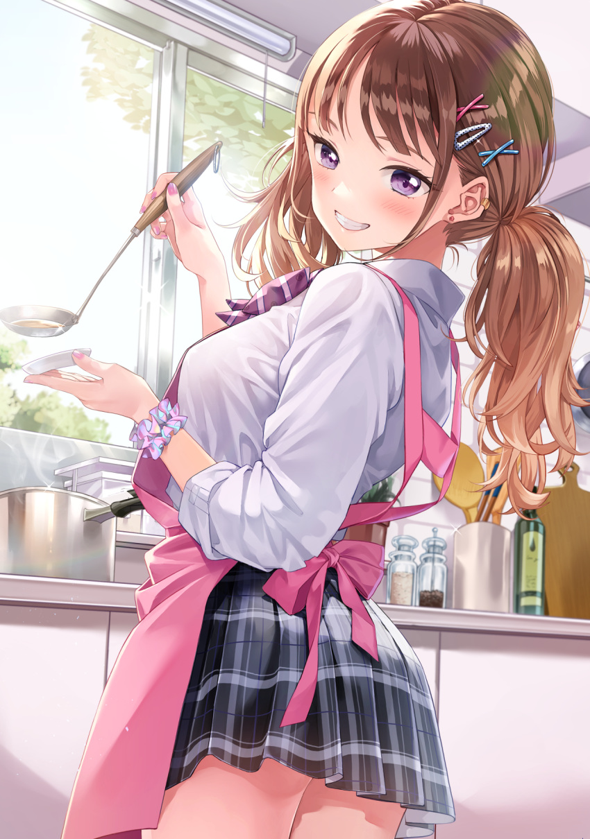 1girl apron bangs black_skirt brown_hair collared_shirt comiket_101 commentary_request cooking day grin hair_ornament hairclip highres holding holding_ladle indoors kitchen ladle long_hair looking_at_viewer matsuzaki_miyuki original plaid plaid_skirt pleated_skirt purple_eyes school_uniform shirt skirt smile solo standing teeth uniform white_shirt window x_hair_ornament
