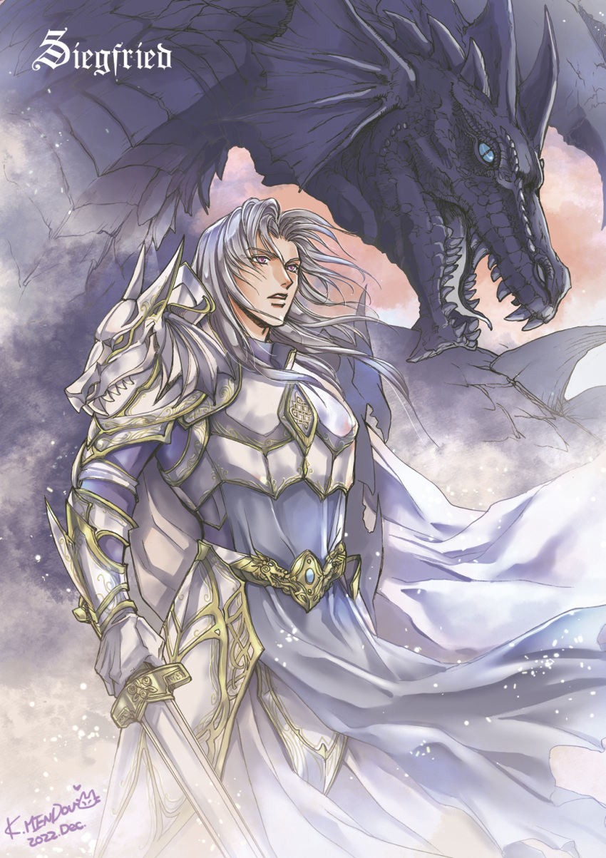 1boy armor breastplate character_name dated dragon fafnir_(nibelungenlied) gauntlets grey_hair highres holding holding_sword holding_weapon kazuki-mendou long_hair male_focus nibelungenlied parted_lips pauldrons pelvic_curtain red_eyes shoulder_armor siegfried_(nibelungenlied) signature sword weapon