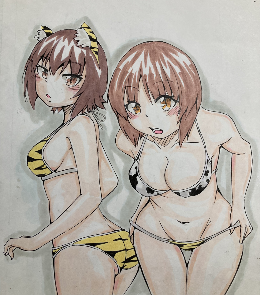 2girls absurdres amahara_shiro animal_ears animal_print ass bangs bikini bikini_pull blush breasts cleavage clothes_pull cow_print dressing fake_animal_ears girls_und_panzer groin halterneck highres leaning_forward looking_at_viewer looking_back medium_breasts multiple_girls navel nishizumi_maho nishizumi_miho open_mouth print_bikini short_hair siblings sisters standing swimsuit tiger_ears tiger_print traditional_media yellow_bikini