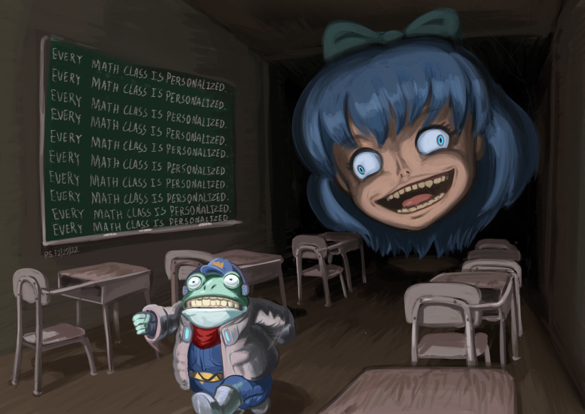 1boy 1girl black_footwear blue_bow blue_eyes blue_hair blue_headwear blue_jumpsuit boots bow brown_jacket chair chalkboard cirno classroom crossover desk disembodied_head english_commentary english_text fleeing floating_head frog furry hair_bow hat highres indoors iosys_parody jacket jumpsuit long_sleeves mario_(series) open_mouth parody profitshame running school_chair school_desk short_hair slippy_toad star_fox super_mario_64 teeth touhou what