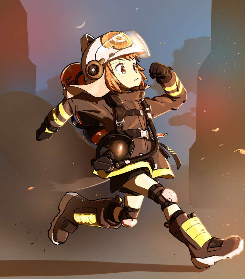 1girl arknights black_gloves black_shorts black_socks boots brown_eyes brown_hair buruma chest_harness clenched_hands closed_mouth commentary drawdrawdeimos embers fire_extinguisher firefighter_jacket full_body gas_mask gloves harness helmet highres jacket knee_pads long_sleeves mask outdoors shaw_(arknights) short_hair shorts snap-fit_buckle socks solo