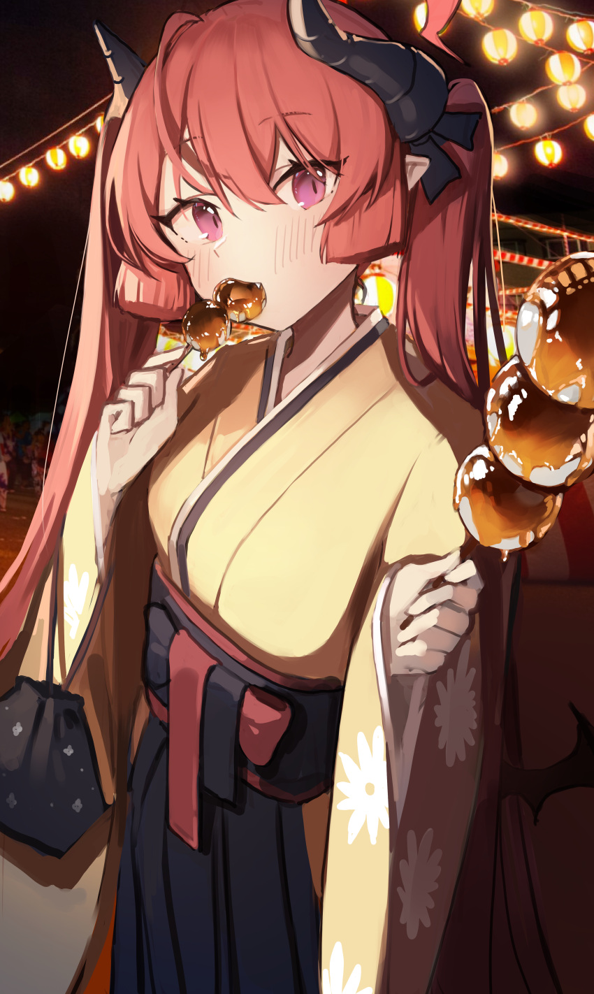 1girl absurdres bag bangs blue_archive blue_skirt blush eating feet_out_of_frame floral_print food_in_mouth giving hakama hakama_skirt halo highres holding holding_bag japanese_clothes junko_(blue_archive) junko_(new_year)_(blue_archive) kimono long_hair looking_at_viewer night night_sky obi official_alternate_costume outdoors print_sleeves purple_eyes red_hair sash seorang sidelocks skirt sky solo standing summer_festival twintails wide_sleeves yellow_kimono