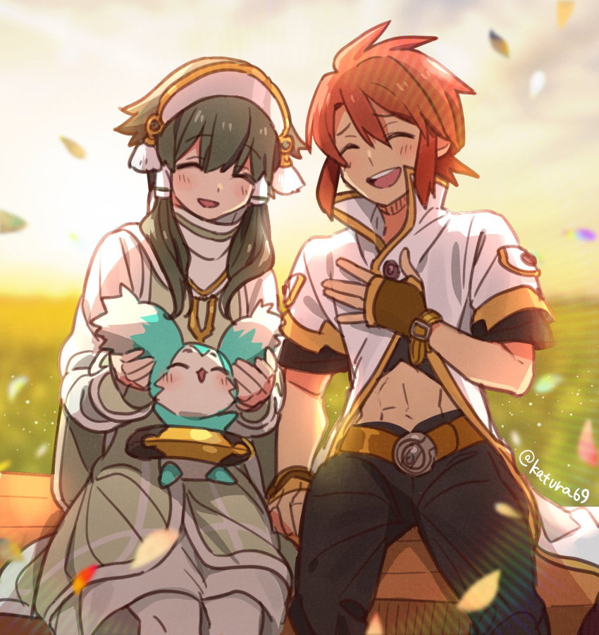 2boys abs bangs belt black_pants blurry blurry_background blush brown_gloves closed_eyes commentary_request creature cropped_shirt fingerless_gloves gloves green_hair hairband happy high_collar highres holding ion_(tales) jacket juria0801 leaf long_sleeves luke_fon_fabre mieu_(tales) multiple_boys open_mouth outdoors pants red_hair short_hair short_sleeves sidelocks sitting smile sunlight tales_of_(series) tales_of_the_abyss teeth tunic twitter_username upper_teeth_only white_jacket
