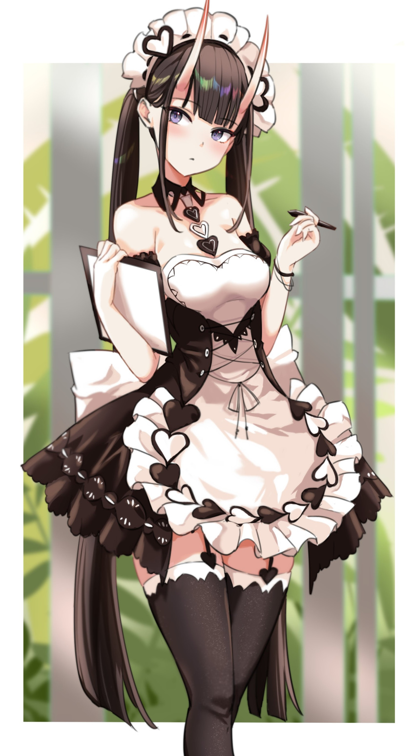 1girl absurdres apron azur_lane bangs black_garter_straps black_hair blunt_bangs c_n_s_m detached_collar dress frilled_apron frilled_dress frills highres holding holding_menu horns long_hair looking_to_the_side maid_apron maid_headdress menu noshiro_(azur_lane) noshiro_(hold_the_ice)_(azur_lane) official_alternate_costume oni_horns twintails white_apron