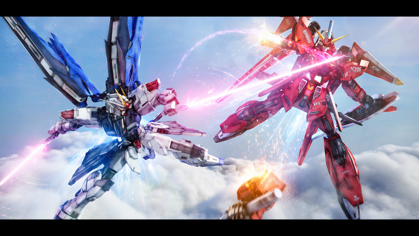 absurdres battle beam_saber blue_sky cloud day dual_wielding flying freedom_gundam glowing glowing_eyes green_eyes gundam gundam_seed gundam_seed_destiny highres holding holding_sword holding_weapon letterboxed lolicon_(lolicon42051636) mecha mechanical_wings mobile_suit no_humans outdoors reverse_grip robot saviour_gundam science_fiction severed_arm severed_limb shield sky slashing sword v-fin weapon wings