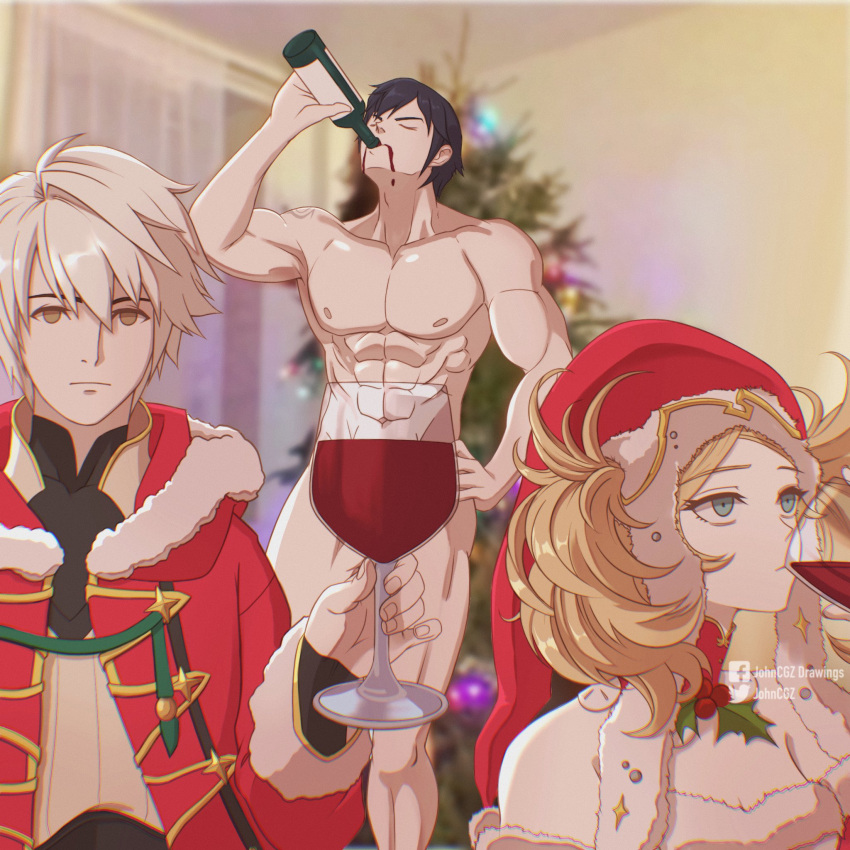 1girl 2boys abs blank_eyes blonde_hair blue_eyes bottle brother_and_sister christmas_tree chrom_(fire_emblem) closed_eyes coat convenient_censoring cup drinking drinking_glass drunk fire_emblem fire_emblem_awakening fire_emblem_heroes fur-trimmed_coat fur_trim hat highres hood hood_down johncgz lissa_(fire_emblem) male_focus multiple_boys muscular muscular_male nude official_alternate_costume parody red_wine robin_(fire_emblem) robin_(fire_emblem)_(male) santa_costume santa_hat siblings white_hair wine_bottle wine_glass