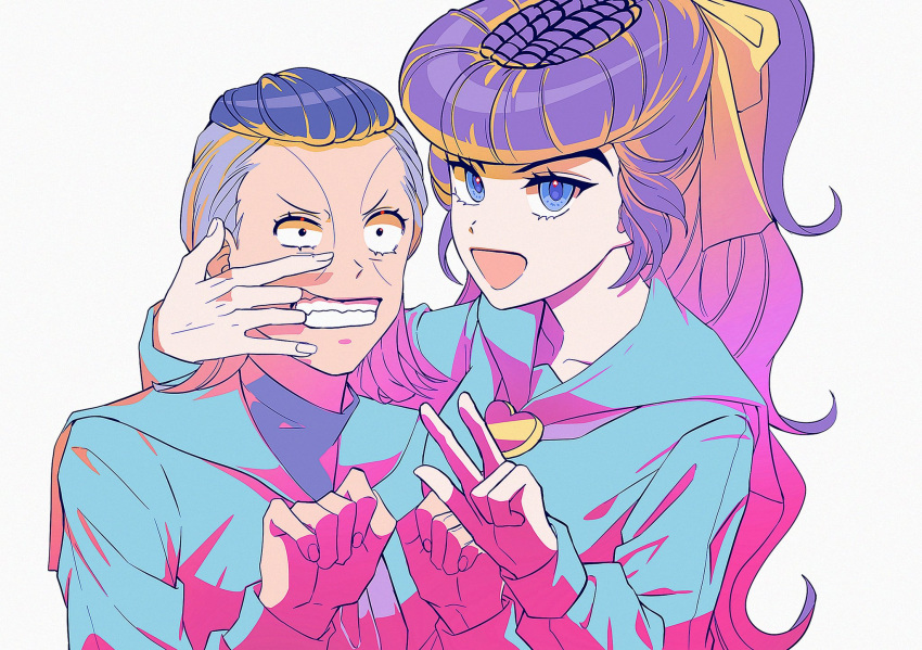 2girls black_eyes black_hair blue_eyes blue_serafuku bonggi_jojo commentary_request diamond_wa_kudakenai facial_mark genderswap genderswap_(mtf) grin higashikata_josuke highres jojo_no_kimyou_na_bouken korean_commentary limited_palette long_hair medium_hair mouth_pull multiple_girls nijimura_okuyasu open_mouth pompadour ponytail purple_hair school_uniform serafuku smile w