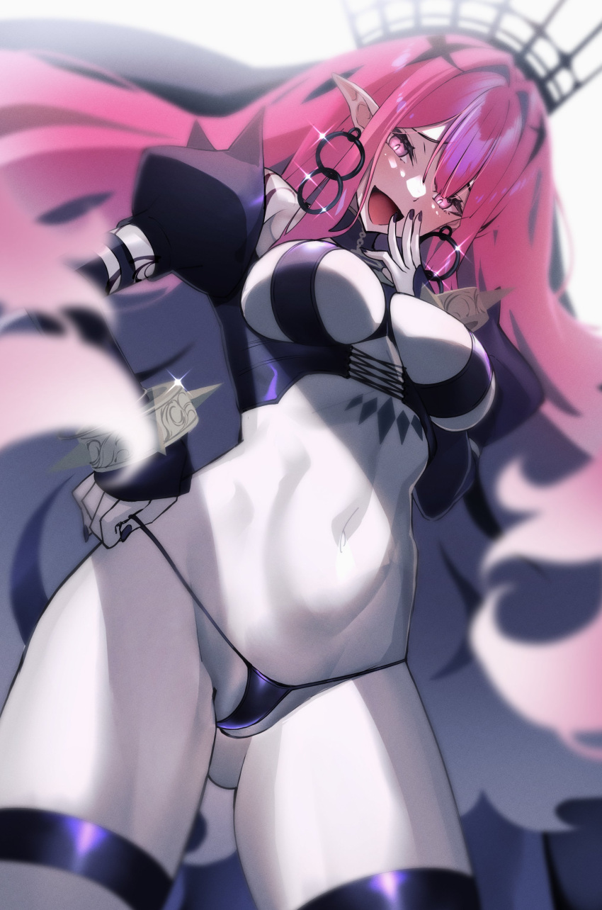 1girl absurdres ass_visible_through_thighs bangs bare_shoulders black_nails black_panties bracelet breasts bridal_gauntlets colored_skin detached_sleeves earrings fairy_knight_tristan_(fate) fairy_knight_tristan_(second_ascension)_(fate) fate/grand_order fate_(series) grey_eyes highres jewelry large_breasts long_hair looking_at_viewer nail_polish navel ojou-sama_pose open_mouth panties pink_hair pointy_ears revealing_clothes sanazura_hiroyuki sidelocks smile solo spiked_bracelet spikes thigh_strap thighs tiara underwear veil white_skin