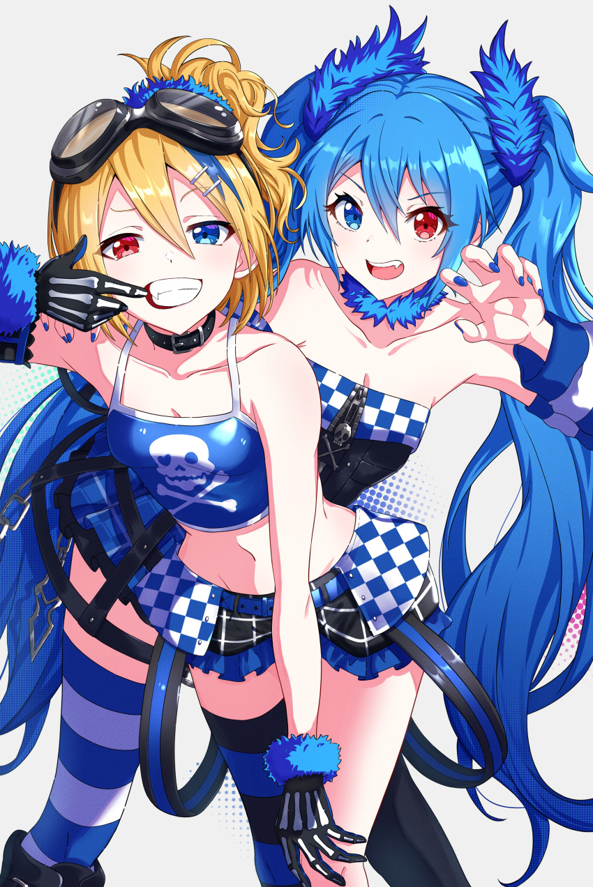 2girls absurdres alternate_costume alternate_eye_color alternate_hair_color asymmetrical_legwear blue_eyes blue_hair blue_nails blue_shirt blue_skirt breasts burning_stone_(module) cheek_pull claw_pose cleavage commentary crop_top english_commentary feet_out_of_frame fur_collar goggles goggles_on_head hair_ornament hair_up hairclip hatsune_miku heterochromia highres itogari kagamine_rin long_hair mismatched_legwear multicolored_hair multiple_girls nail_polish plaid plaid_skirt project_diva_(series) red_eyes rockin_stone_(module) shirt short_hair simple_background skirt small_breasts streaked_hair striped striped_thighhighs teeth thighhighs twintails very_long_hair vocaloid white_background