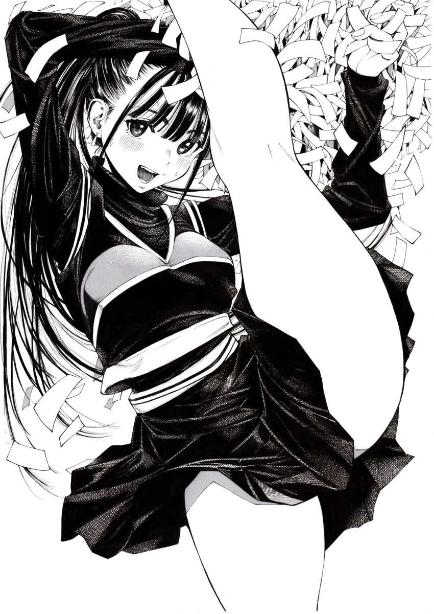 1girl :d arm_above_head bangs bare_legs blush breasts cheerleader collared_shirt earrings gagaimo greyscale hair_pulled_back highres jewelry leg_up long_hair long_sleeves looking_at_viewer medium_breasts monochrome open_mouth original pom_pom_(cheerleading) ponytail shirt skirt smile solo teeth thighs vest