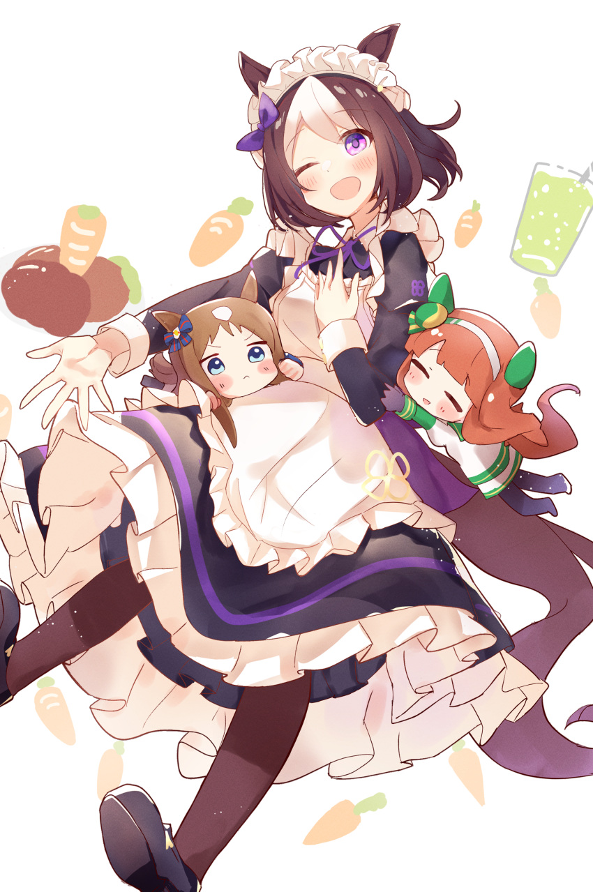 3girls absurdres alternate_costume apron black_dress black_footwear blush blush_stickers bow breasts brown_hair brown_pantyhose dress enmaided grass_wonder_(umamusume) hair_bow hairband hand_on_own_chest highres horse horse_girl horse_tail long_hair long_sleeves looking_at_viewer maid maid_apron maid_headdress minigirl multicolored_hair multiple_girls one_eye_closed open_mouth orange_hair pantyhose purple_eyes shoes short_hair silence_suzuka_(umamusume) small_breasts smile solo_focus special_week_(umamusume) tail two-tone_hair umamusume yamada_auto