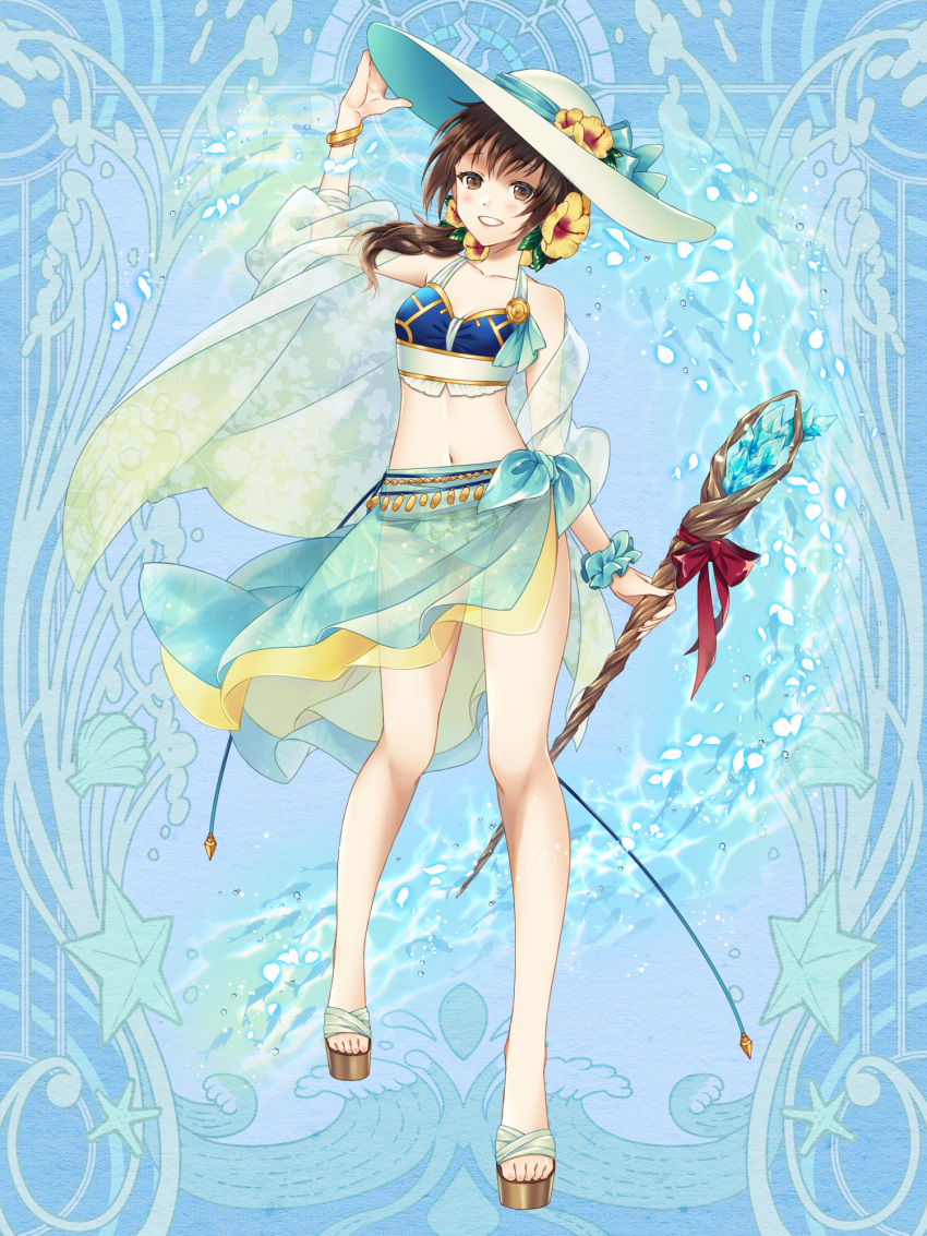 1girl bikini blue_background blue_scrunchie bracelet breasts brown_eyes brown_footwear crop_top dairoku_ryouhei flower full_body hand_on_headwear hat hat_flower highres holding holding_staff jewelry kirisita legs long_hair looking_at_viewer navel sandals scrunchie see-through small_breasts smile solo staff standing sun_hat swimsuit toeless_footwear toes white_headwear wrist_scrunchie