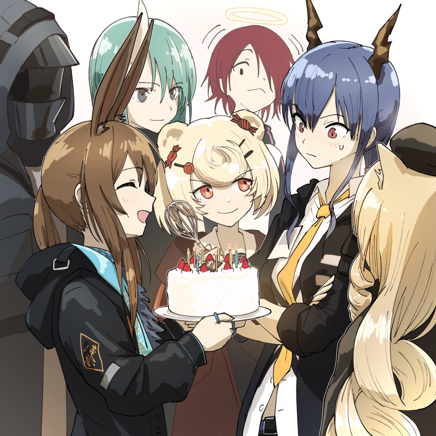 1other 6+girls ^_^ absurdres amiya_(arknights) animal_ears arknights bangs birthday birthday_cake black_coat black_headwear blonde_hair blue_hair blush bow breasts brown_coat brown_hair cake ch'en_(arknights) closed_eyes closed_mouth coat collared_shirt crossed_arms dill_tilana doctor_(arknights) drawdrawdeimos extra_ears food green_hair grey_eyes gummy_(arknights) hair_bow hair_over_one_eye halo hat helmet highres holding holding_plate holding_whisk hood hood_down hooded_coat horns hoshiguma_(arknights) long_hair looking_at_another low_ponytail motion_lines multiple_girls necktie open_mouth orange_eyes plate rabbit_ears red_eyes shirt short_hair sidelocks simple_background small_breasts smile standing sweatdrop swire_(arknights) upper_body whisk white_background white_shirt yellow_necktie