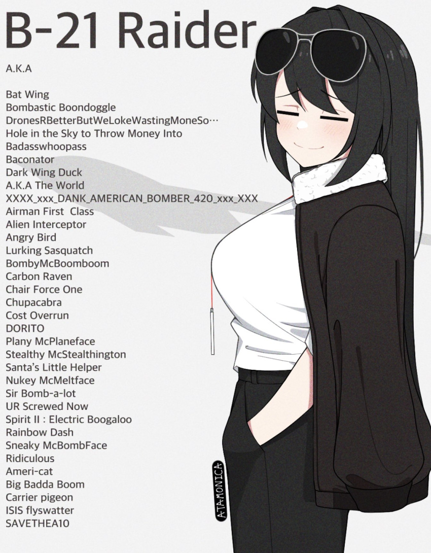 1girl aircraft airplane artist_name atamonica aviator_sunglasses b-21_raider b-21_raider_(personification) black_hair black_jacket black_pants bomber_jacket breasts closed_eyes english_text eyewear_on_head hands_in_pockets highres id_card jacket original pants shadow shirt smile solo sunglasses white_background white_shirt