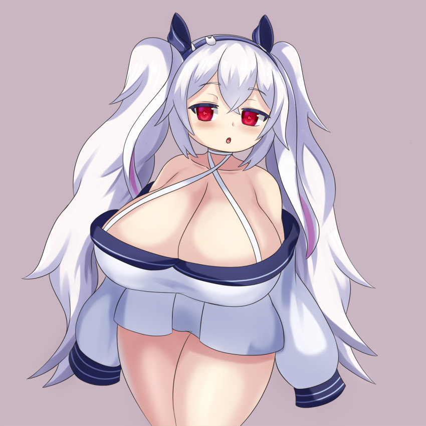 1girl alternate_breast_size azur_lane bangs breasts cleavage hairband highres huge_breasts laffey_(azur_lane) laffey_ii_(azur_lane) long_hair nav_(itsnav) red_eyes shortstack simple_background sleeves_past_fingers sleeves_past_wrists solo thick_thighs thighs twintails very_long_hair