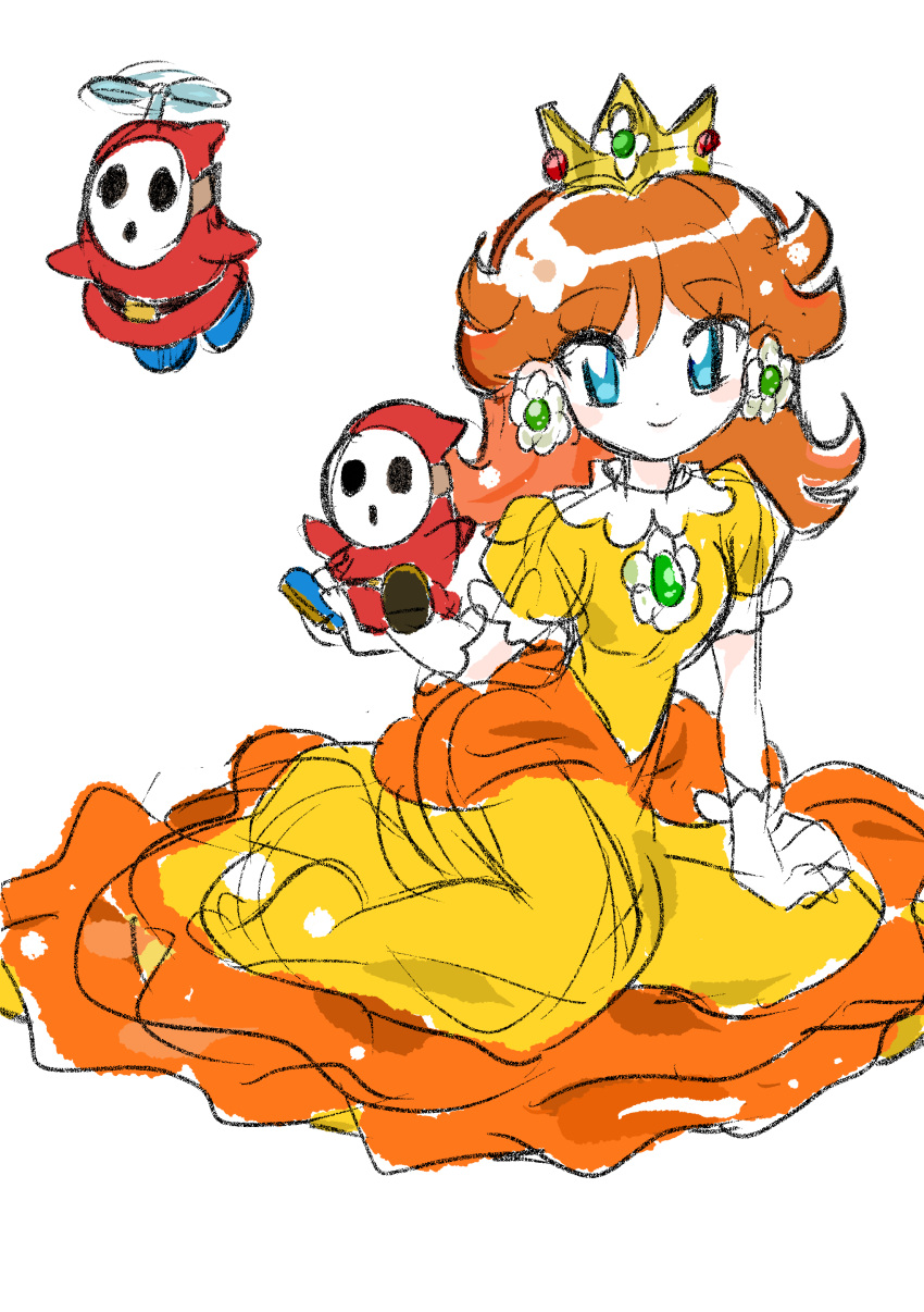 1girl absurdres blue_eyes brooch crown dress earrings fly_guy full_body gloves highres jewelry long_hair looking_at_viewer mario_(series) open_mouth princess_daisy rakugaki_shitagari-ya shy_guy smile solo tiara white_gloves yellow_dress