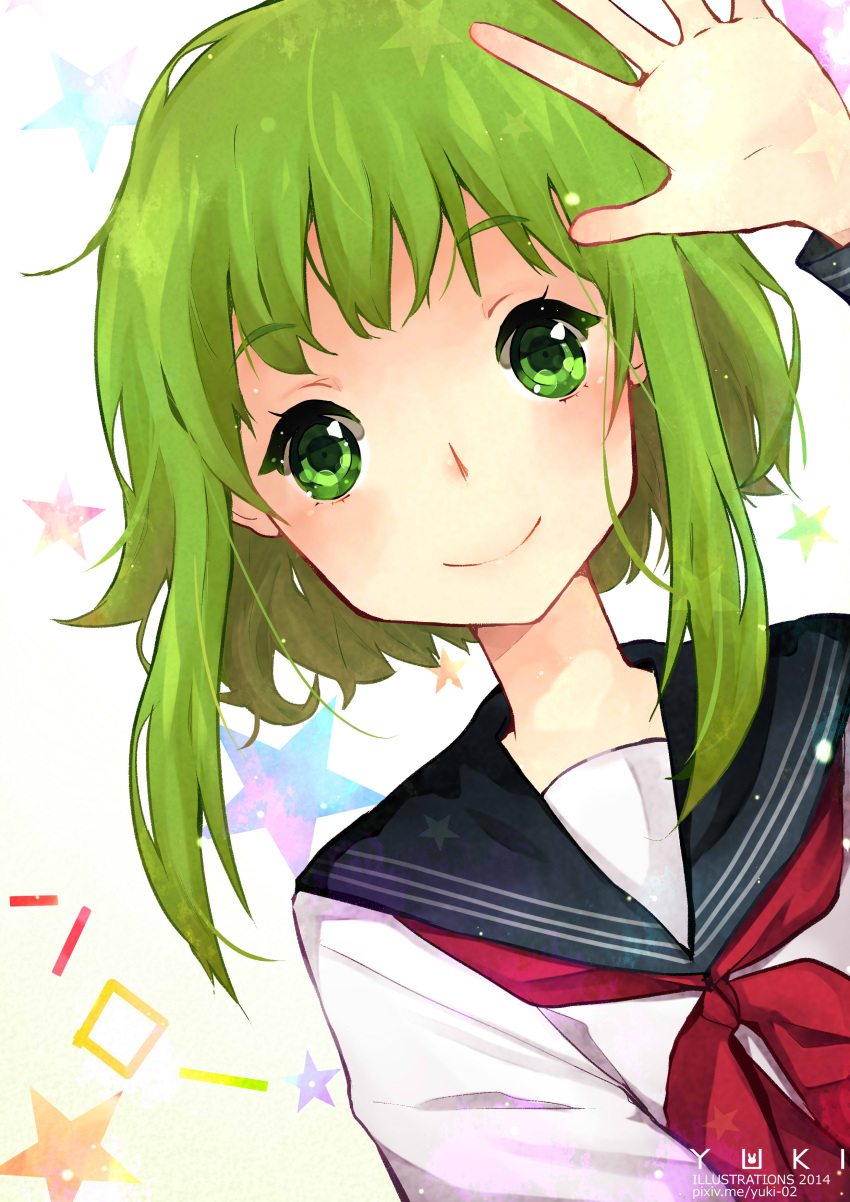 1girl absurdres closed_mouth green_eyes gumi highres looking_at_viewer neckerchief red_neckerchief school_uniform serafuku short_hair_with_long_locks smile solo star_(symbol) upper_body vocaloid waving yuki-02