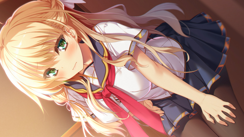 1girl bangs bent_over blonde_hair blush bow breasts brown_pantyhose closed_mouth dutch_angle floating_hair game_cg green_eyes grey_skirt hair_between_eyes hair_bow hair_ribbon hand_on_hip highres hirohashi_runa ichizu_na_kanojo_to_koi_shitai long_hair looking_at_viewer medium_breasts miniskirt neckerchief pantyhose pleated_skirt red_neckerchief ribbon school_uniform serafuku shiny shiny_hair shirt short_sleeves skirt solo tsukimori_hiro very_long_hair white_bow white_ribbon white_shirt