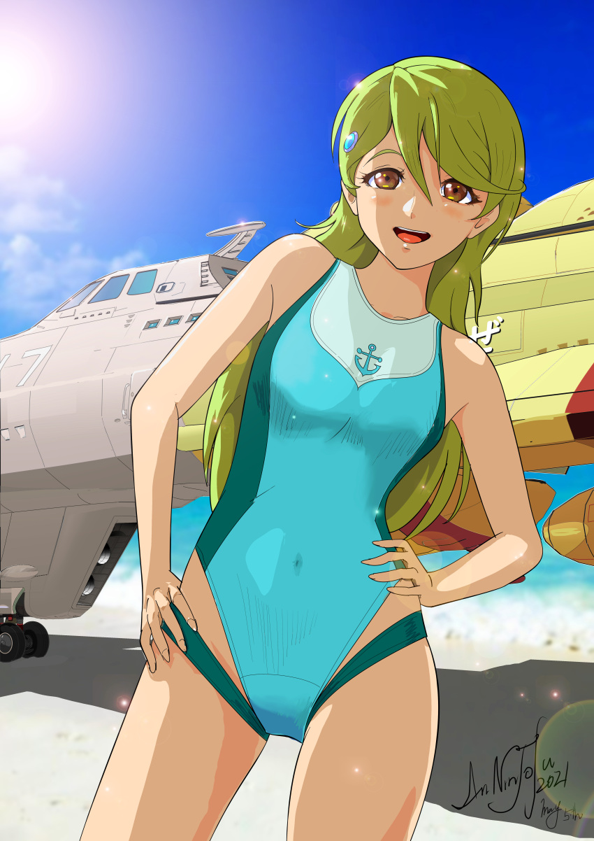 1girl :d absurdres alternate_costume annin_tofu bangs blonde_hair blue_one-piece_swimsuit breasts brown_eyes commentary_request covered_navel hands_on_hips highres long_hair looking_at_viewer medium_breasts one-piece_swimsuit open_mouth sasha_(uchuu_senkan_yamato) science_fiction smile solo spacecraft swept_bangs swimsuit uchuu_senkan_yamato uchuu_senkan_yamato_2205:_arata_naru_tabidachi yamato_(uchuu_senkan_yamato)