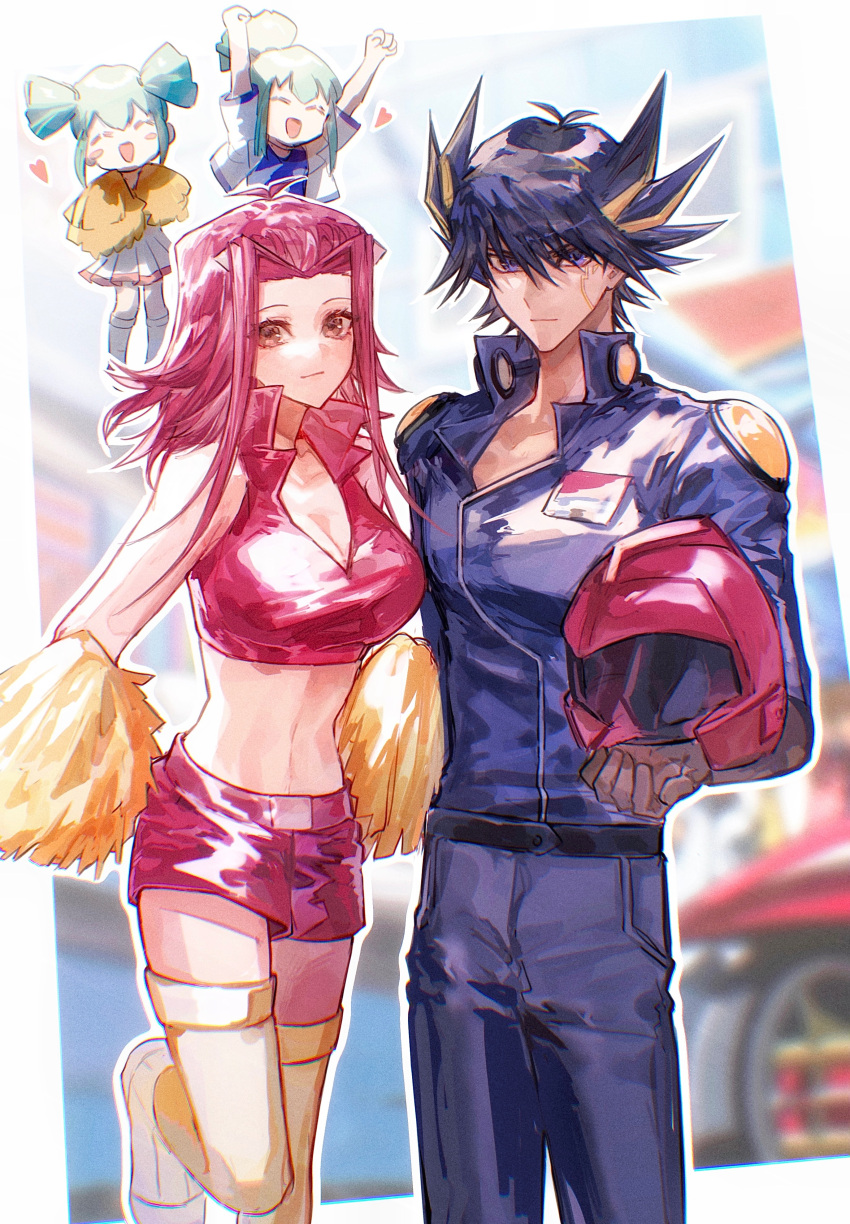2boys 2girls :d ^_^ absurdres aqua_hair black_hair blonde_hair blue_eyes blue_jacket breasts brown_eyes brown_gloves cleavage closed_eyes closed_mouth collarbone crop_top elbow_gloves facial_mark fudou_yuusei gloves grey_pants helmet highres holding holding_helmet izayoi_aki jacket leg_up looking_at_viewer lua_(yu-gi-oh!) luca_(yu-gi-oh!) medium_breasts midriff multicolored_hair multiple_boys multiple_girls naoki_(2rzmcaizerails6) navel open_mouth pants pom_pom_(cheerleading) race_queen red_hair red_shorts shiny shiny_hair short_shorts shorts sidelocks smile spiked_hair stomach thighhighs two-tone_hair two_side_up updo yellow_thighhighs yu-gi-oh! yu-gi-oh!_5d's