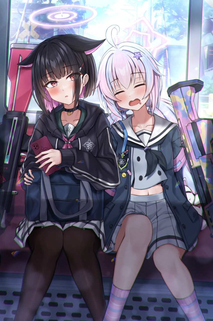 2girls absurdres ahoge animal_ears assault_rifle backpack badge bag bangs biohazard_symbol black_choker black_hair black_neckerchief black_pantyhose blue_archive blush bren_lmg button_badge cat_ears choker closed_eyes colored_inner_hair drooling feet_out_of_frame grey_jacket grey_serafuku gun hair_ornament halo highres hood hooded_jacket jacket kazusa_(blue_archive) light_machine_gun miniskirt mouth_drool multicolored_hair multiple_girls navel neckerchief pantyhose pink_eyes pink_hair pink_neckerchief pink_socks pleated_skirt purple_hair reisa_(blue_archive) reneua rifle sailor_collar school_uniform serafuku short_hair shotgun sitting skirt socks standard_manufacturing_dp-12 star_(symbol) star_hair_ornament star_halo striped striped_socks two-tone_hair weapon white_sailor_collar white_skirt