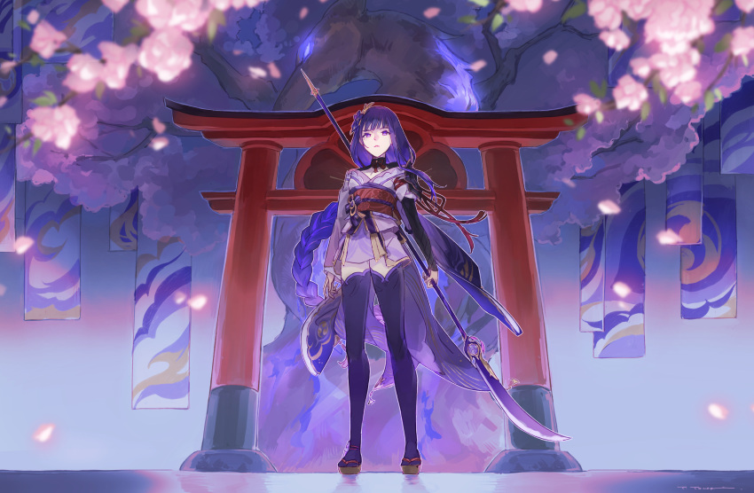 1girl absurdres asymmetrical_sleeves bangs black_sleeves black_thighhighs blunt_bangs cherry_blossoms closed_mouth engulfing_lightning_(genshin_impact) floating_hair flower frown full_body genshin_impact highres holding holding_polearm holding_weapon japanese_clothes kimono long_hair long_sleeves naginata pink_flower polearm purple_eyes purple_hair purple_kimono raiden_shogun short_kimono solo standing tabi thighhighs torii very_long_hair weapon yama_ta_yomogi