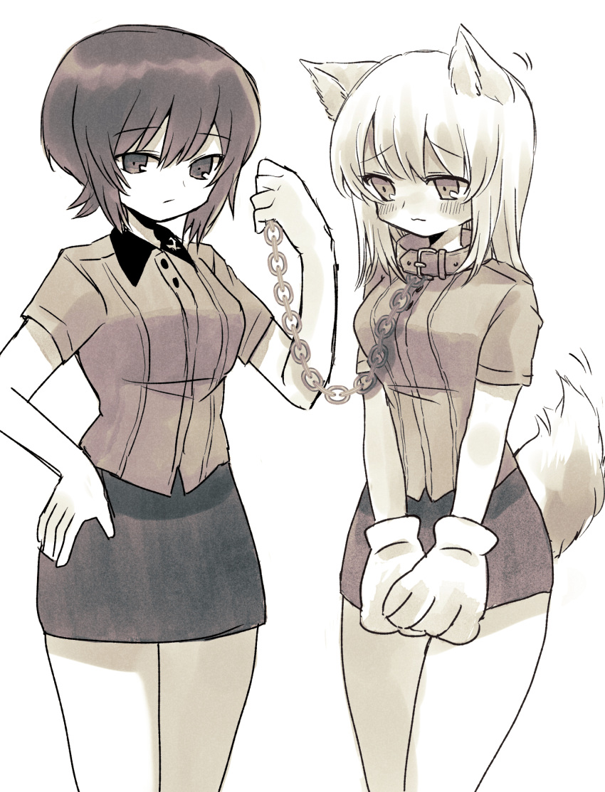 2girls adapted_uniform animal_collar animal_ears animal_hands bangs blouse blush chain closed_mouth collar commentary cowboy_shot dog_ears dog_girl dog_tail femdom frown girls_und_panzer gloves greyscale hand_on_hip highres holding holding_leash itsumi_erika kemonomimi_mode kuromorimine_school_uniform leash looking_at_another looking_at_viewer medium_hair miniskirt monochrome motion_lines multiple_girls nishizumi_maho paw_gloves pencil_skirt ri_(qrcode) school_uniform shirt short_hair skirt smile standing tail wing_collar yuri