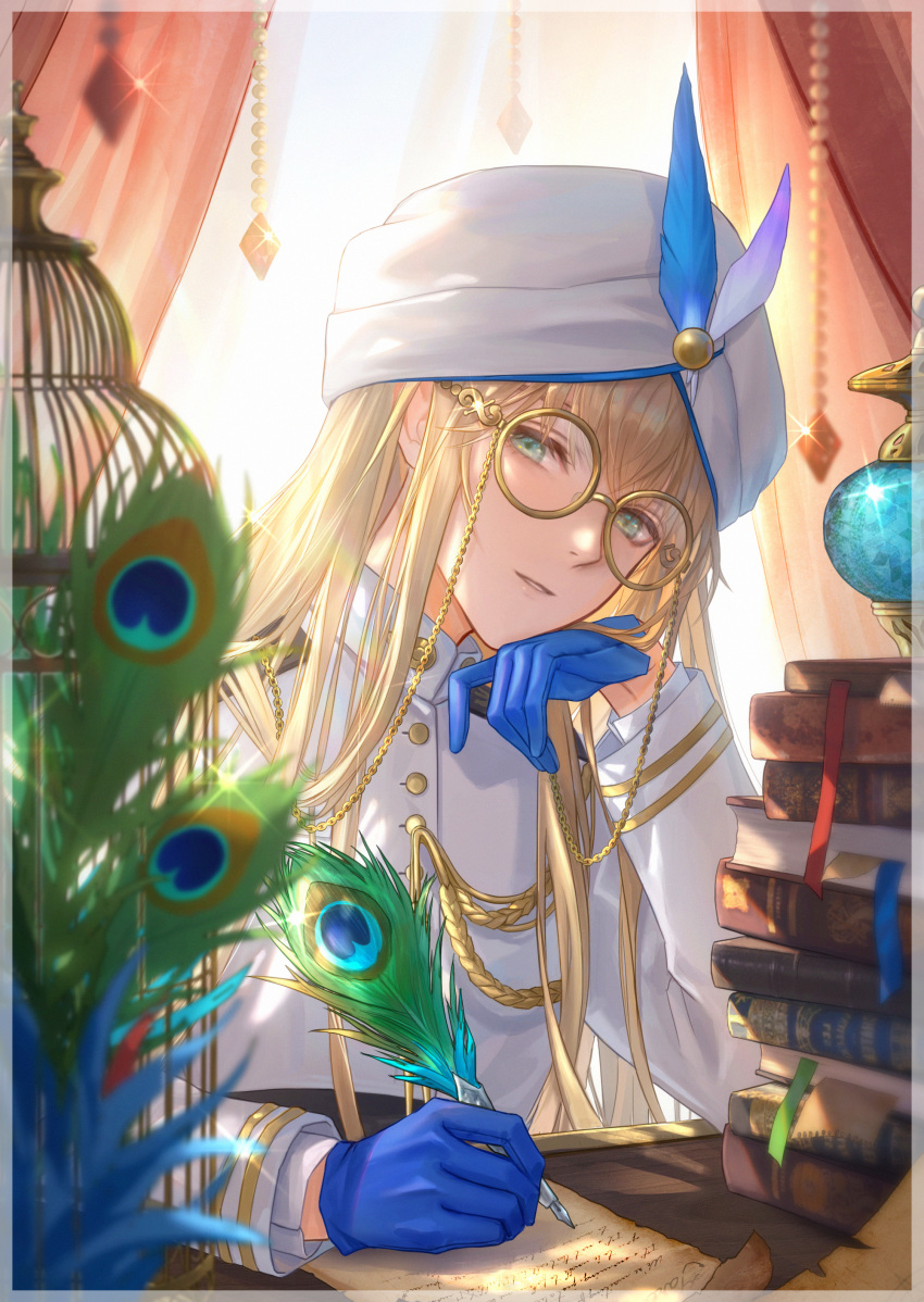 1boy absurdres aiguillette backlighting bangs birdcage blonde_hair blue_eyes blue_gloves blurry blurry_foreground book book_stack bookmark border buttons cage captain_nemo_(fate) commentary_request curtains depth_of_field eyelashes eyewear_strap fate/grand_order fate_(series) feathers glasses glint gloves gold_trim hand_up hat hat_feather head_tilt highres holding holding_quill indoors jacket light_smile long_hair long_sleeves looking_at_viewer male_focus nemo_(fate) noah_(fate) paper parted_lips peacock_feathers qingyuan quill sidelocks smile solo sunlight table transparent_border turban upper_body white_headwear white_jacket window writing yellow-framed_eyewear